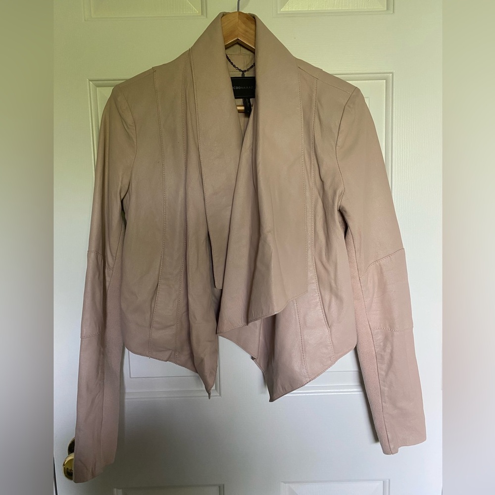 BCBGMaxAzria Blush Beige Leather Draped Jacket